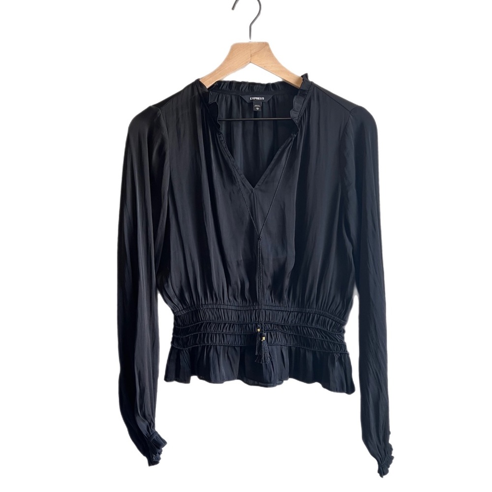 EXPRESS Peplum Tie Neck Black Blouse